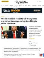 Global leaders react to US-Iran peace agreement announcement as Bitcoin rides the wave