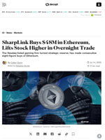 SharpLink Buys $48M in Ethereum, Lifts Stock Higher in Overnight Trade - Decrypt