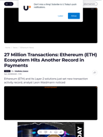 27 Million Transactions: Ethereum (ETH) Ecosystem Hits Another Record in Payments - U.Today