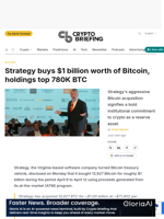 Strategy buys $1 billion worth of Bitcoin, holdings top 780K BTC