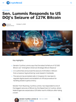 Sen. Lummis Responds to US DOJ’s Seizure of 127K Bitcoin