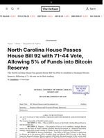 North Carolina House Passes House Bill 92 with 71-44 Vote, Allowing 5% of Funds into Bitcoin Reserve - 