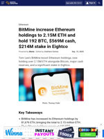 BitMine increase Ethereum holdings to 2.15M ETH and hold 192 BTC, $569M cash, $214M stake in Eightco