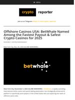 Offshore Casinos USA: BetWhale Named Among the Fastest Payout & Safest Crypto Casinos for 2025