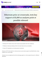 Ethereum price at crossroads, tests key support at $3,800 as analysts point at possible rebound - CoinJournal