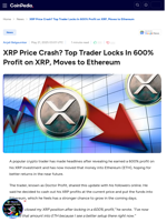 XRP Price Crash? Top Trader Locks In 600% Profit on XRP, Moves to Ethereum