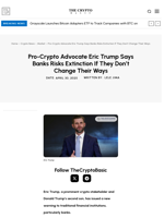 Pro-Crypto Advocate Eric Trump Says Banks Risks Extinction If They Don’t Change Their Ways
