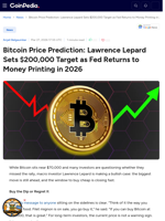 Bitcoin Price Prediction: Lawrence Lepard Sets $200,000 Target as Fed Returns to Money Printing in 2026