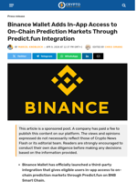Binance Wallet Adds In-App Access to On-Chain Prediction Markets Through Predict.fun Integration