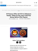 K9 Finance Offers 20 ETH to Shibarium Hacker; Shiba Inu Dev Says Grab Free Money Before Offer Expires