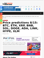 Price predictions 8/15: BTC, ETH, XRP, BNB, SOL, DOGE, ADA, LINK, HYPE, XLM - The Crypto News Wire