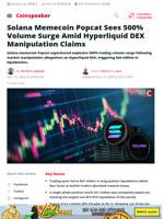 Solana Memecoin Popcat Sees 500% Volume Surge Amid Hyperliquid DEX Manipulation Claims - Coinspeaker