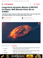 Long-term Investor Moves 2,300 BTC to Paxos: Will Bitcoin Price Go to $100K? - Coinspeaker