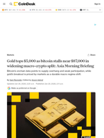 Gold tops $5,000 as BTC stalls near $87,000 in widening macro-crypto split: Asia Morning Briefing