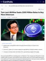 Tom Lee's BitMine Seeks $300 Million Raise to Buy More Ethereum