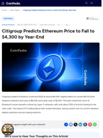 Citigroup Predicts Ethereum Price to Fall to $4,300 by Year-End