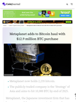 Metaplanet adds to Bitcoin haul with $12.9 million BTC purchase - CoinJournal