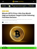 Bitcoin (BTC) Price: Hits One-Month High as Analysts Target $123k Following Fed Rate Decision - CoinCentral