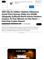 XRP Hits 8.1 Million Wallets Milestone Amid Price Slump, Shiba Inu (SHIB) Allegedly Suffered North Korea Hackers Impact, 13-Year Bitcoin on the Move — Morning Crypto Report - U.Today