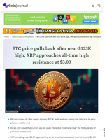 BTC price pulls back after near-$123K high; XRP approaches all-time high resistance at $3.00 - CoinJournal