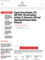 Crypto Price Analysis, ETH, XRP, HYPE, TIA and Lighter, October 17: Ethereum, XRP and Hyperliquid Remain Under Pressure
