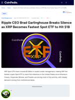 Ripple CEO Brad Garlinghouse Breaks Silence as XRP Becomes Fastest Spot ETF to Hit $1B