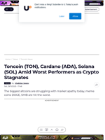 Toncoin (TON), Cardano (ADA), Solana (SOL) Amid Worst Performers as Crypto Stagnates - U.Today