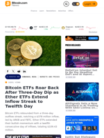 Bitcoin ETFs Roar Back After Three-Day Dip as Ether ETFs Extend Inflow Streak to Twelfth Day – Markets and Prices Bitcoin News