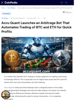 Accu Quant Launches an Arbitrage Bot That Automates Trading of BTC and ETH for Quick Profits