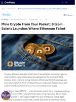 Mine Crypto From Your Pocket: Bitcoin Solaris Launches Where Ethereum Failed