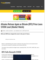 Altcoins Retrace Again as Bitcoin (BTC) Price Loses $105K Level (Market Watch)
