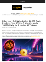 Ethereum Bull Who Called $4,800 Peak Predicts New ATH in 3 Months and a 1000% Rally for 2 Under $1 Tokens