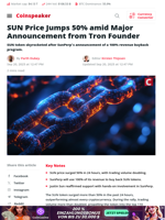 SUN Price Jumps 50% amid Major Announcement from Tron Founder - Coinspeaker