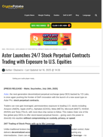 Aster Launches 24/7 Stock Perpetual Contracts Trading with Exposure to U.S. Equities