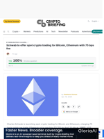 Schwab to offer spot crypto trading for Bitcoin, Ethereum with 75 bps fee