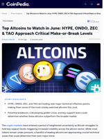Top Altcoins to Watch in June: HYPE, ONDO, ZEC & TAO Approach Critical Make-or-Break Levels