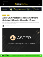 Aster DEX Postpones Token Airdrop to October 20 Due to Allocation Errors - CoinCentral