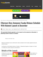 Ethereum Devs Announce Fusaka Release Schedule With Mainnet Launch in December 