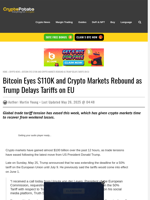 Bitcoin Eyes $110K and Crypto Markets Rebound as Trump Delays Tariffs on EU