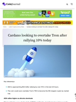 Cardano looking to overtake Tron after rallying 10% today