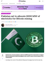 Pakistan set to allocate 2000 MW of electricity for Bitcoin
mining