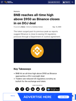 BNB reaches all-time high above $950 as Binance closes in on DOJ deal