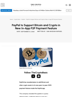 PayPal to Support Bitcoin and Crypto in New In-App P2P Payment Feature