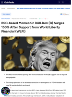 BSC-based Memecoin BUILDon (B) Surges 150% After Support from World Liberty Financial (WLFI)