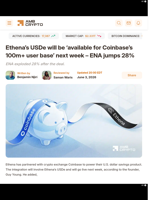Ethena's USDe will be 'available for Coinbase's 100m+ user base' next week - ENA jumps 28% - AMBCrypto