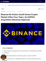 Binance Re-Enters South Korea Crypto Market After Four Years, As GOPAX Acquisition Receives Approval 
