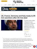 UK, France, Germany and Italy ready to lift Iran sanctions after US-Iran deal