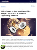 Which Crypto to Buy? You Missed ETH, Analysts Say $0.035 Is Your Final Opportunity for MUTM