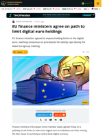 EU Finance Ministers Agree to limit Digital Euro Holdings