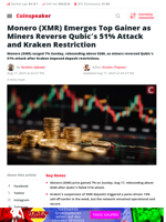 Monero (XMR) Emerges Top Gainer as Miners Reverse Qubic’s 51% Attack and Kraken Restriction - Coinspeaker